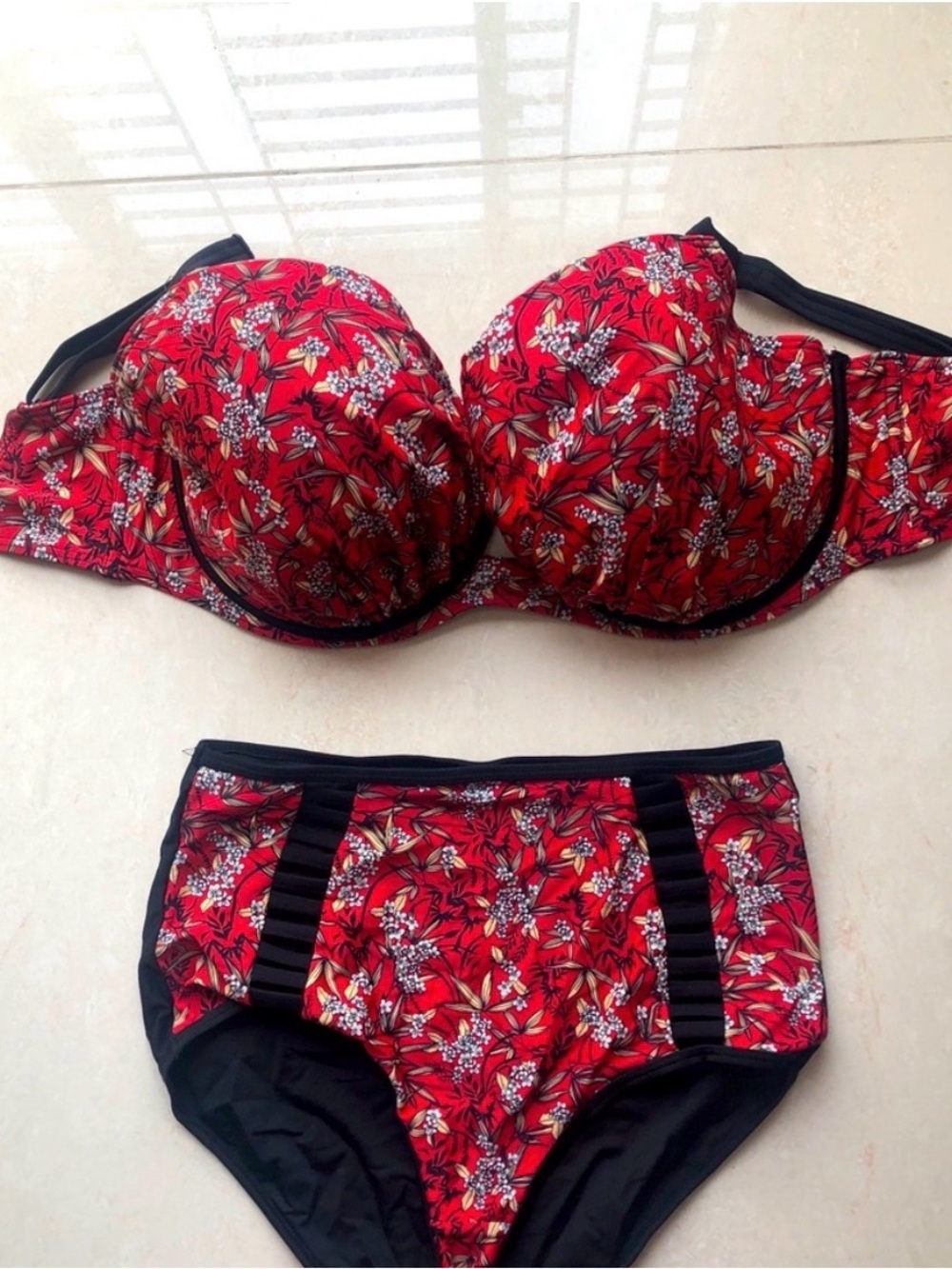 Maya Red Floral Underwire Bikini Set with Black Trim